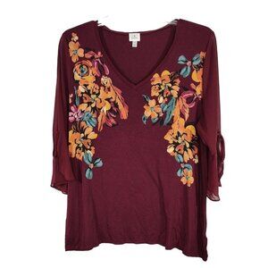 Dressbarn V-neck Tunic Top Women Size XL Red Burgundy Floral 3/4 Sheer Sleeve